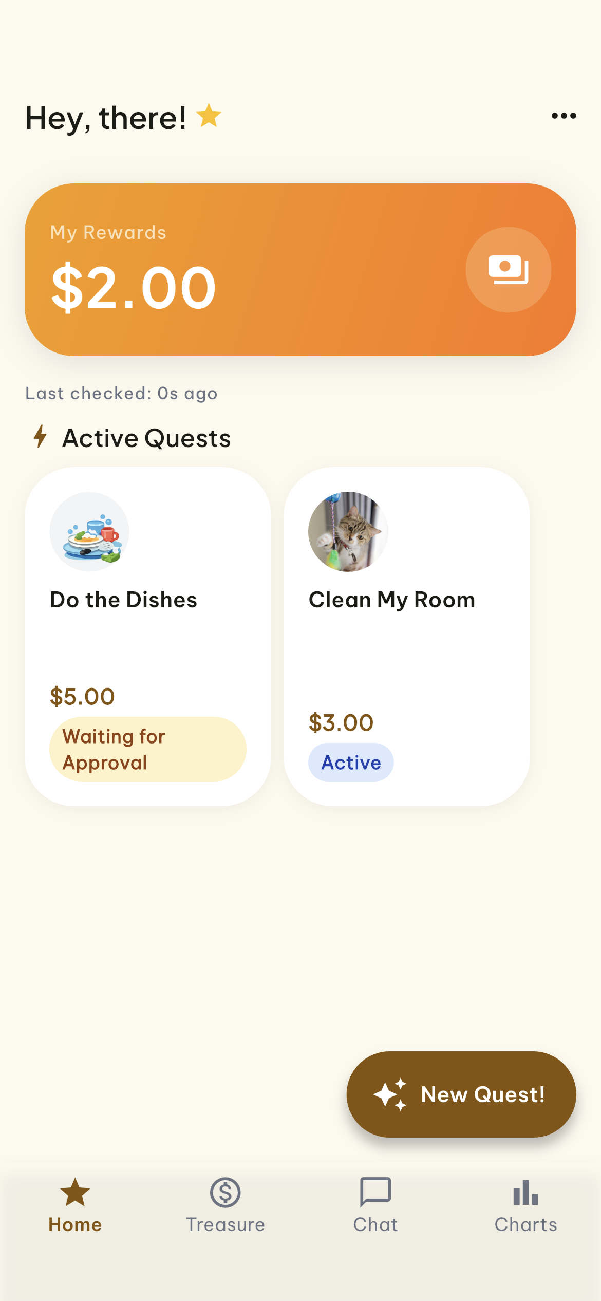ChoreQuest kid home screen showing quests and reward balance