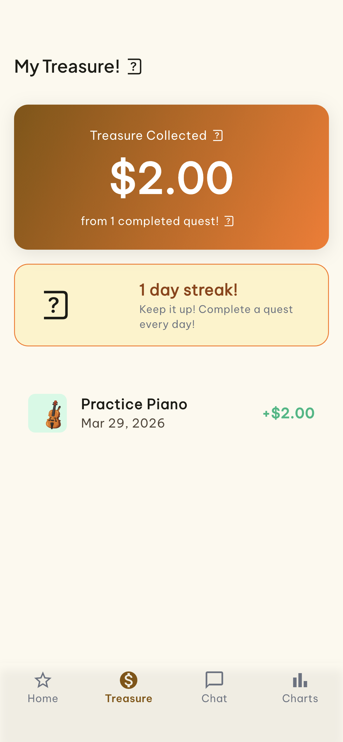 Kid treasure screen showing collected earnings and streak