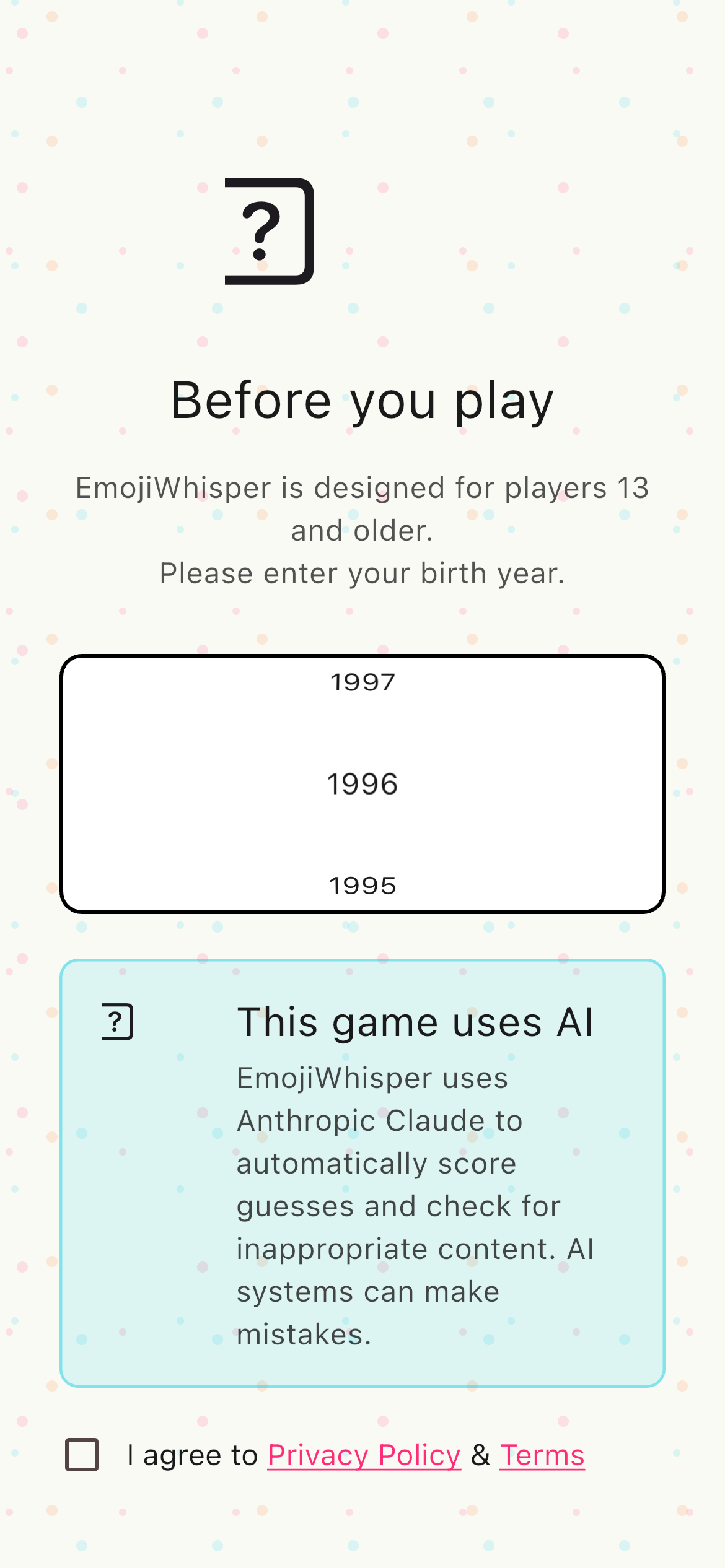 EmojiWhisper age gate showing this game uses AI disclosure and terms agreement