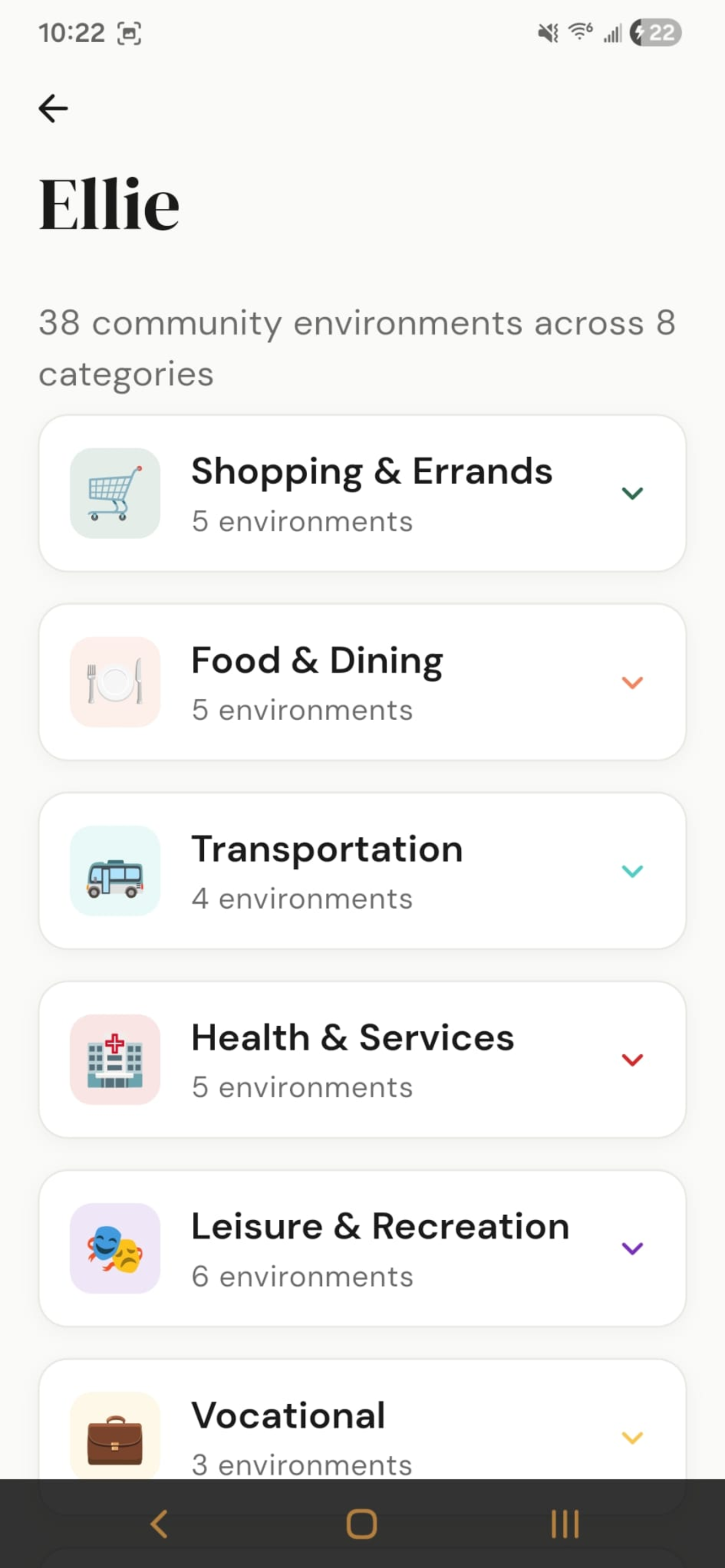 Own My Path environment categories including Shopping and Errands, Food and Dining, Transportation, Health and Services, Leisure and Recreation, and Vocational