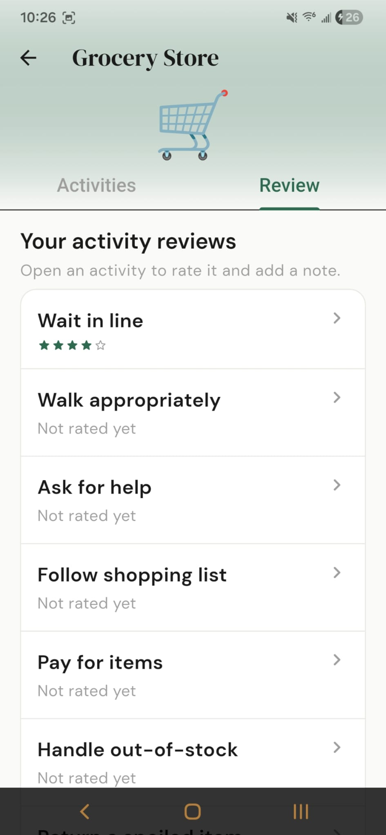 Own My Path activity reviews screen showing grocery store activity ratings