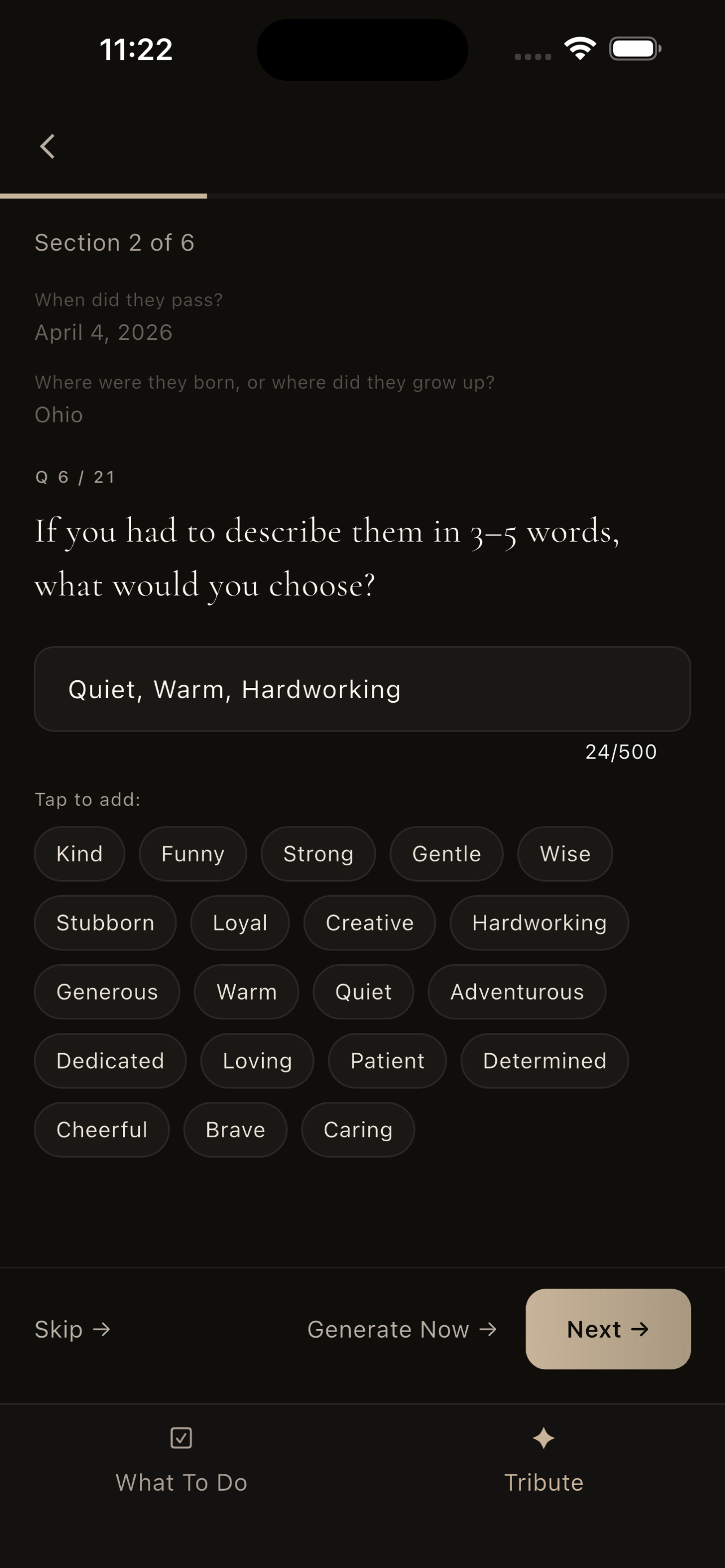 Tendence tribute builder asking how to describe the person in 3–5 words with trait suggestions